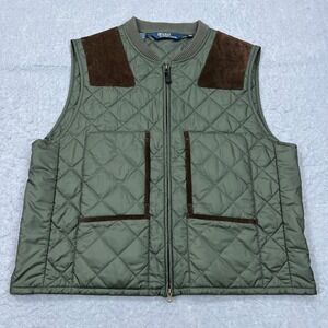 VTG Polo Ralph‎ Lauren Vest Mens XXL Green Quilted Leather Suede Hunting Gilet
